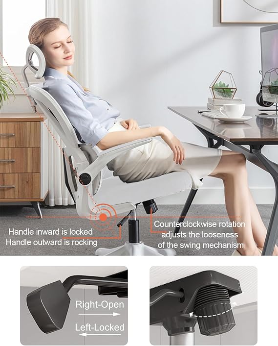 Office Chair Mesh Desk Chair,Ergonomic High-Back Rolling Gaming Work Chairs with Wheels and Adjustable Headrests,Comfortable Flip-up Arms for Home,Bedroom,Study Gaming(White)