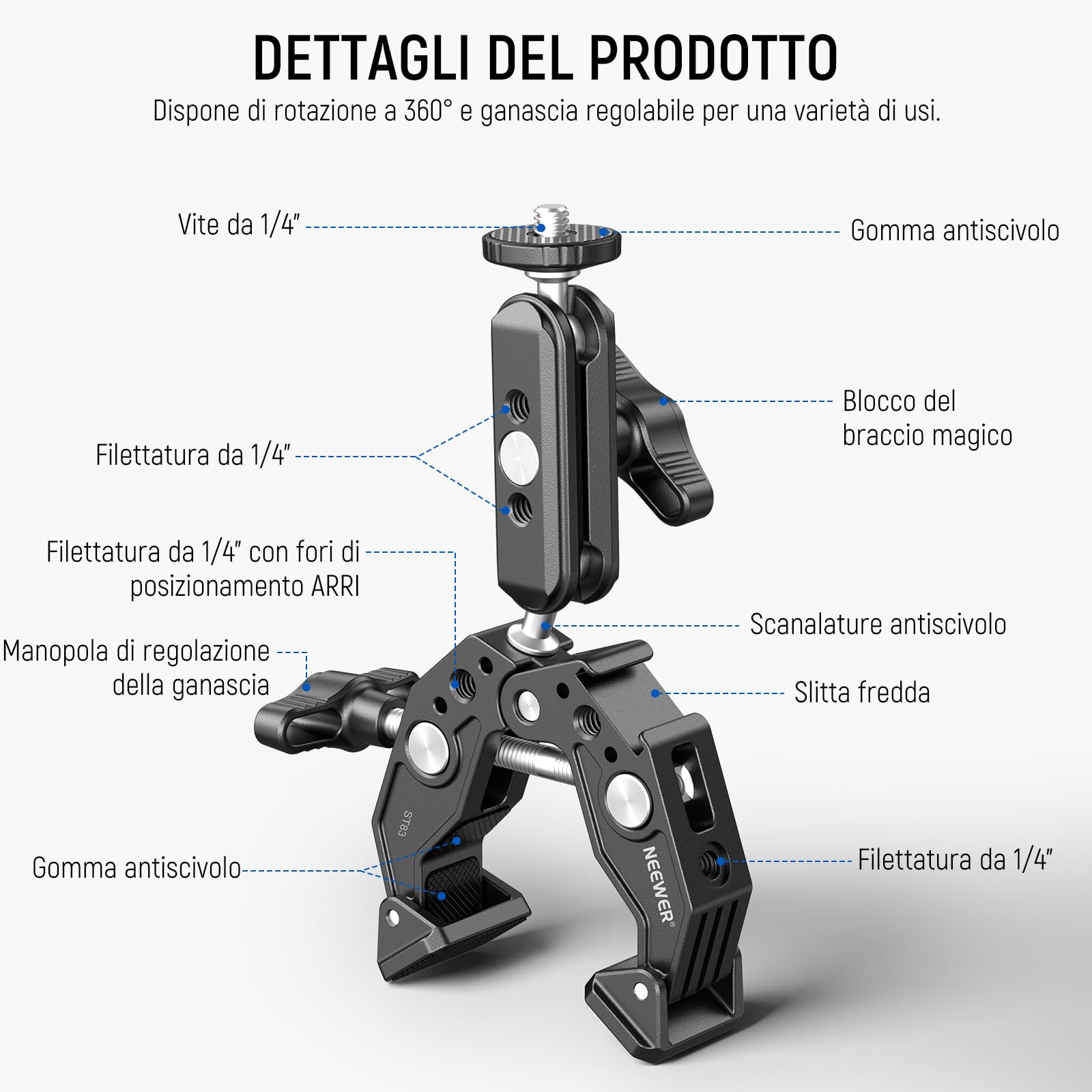 NEEWER Super Clamp con 3" Magic Arm a Doppia Testa Sferica, Cold Shoe, Filetto 1/4", Adattatore Telefono/Action Camera per Treppiede Tavolo Barra Aste Gimbal, Compatibili con SmallRig GoPro DJI, ST83