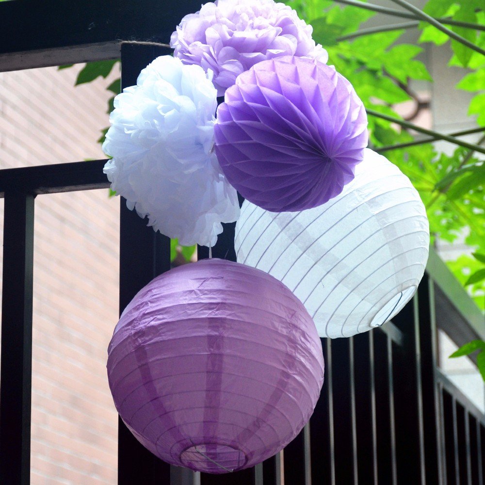 Fascola 12 pcs White Lavender Grey Purple 10inch 8inch Tissue Paper Pom Pom Paper Lanterns Mixed Package for Lavender Themed Party Bridal Shower Decor Baby Shower Decoration