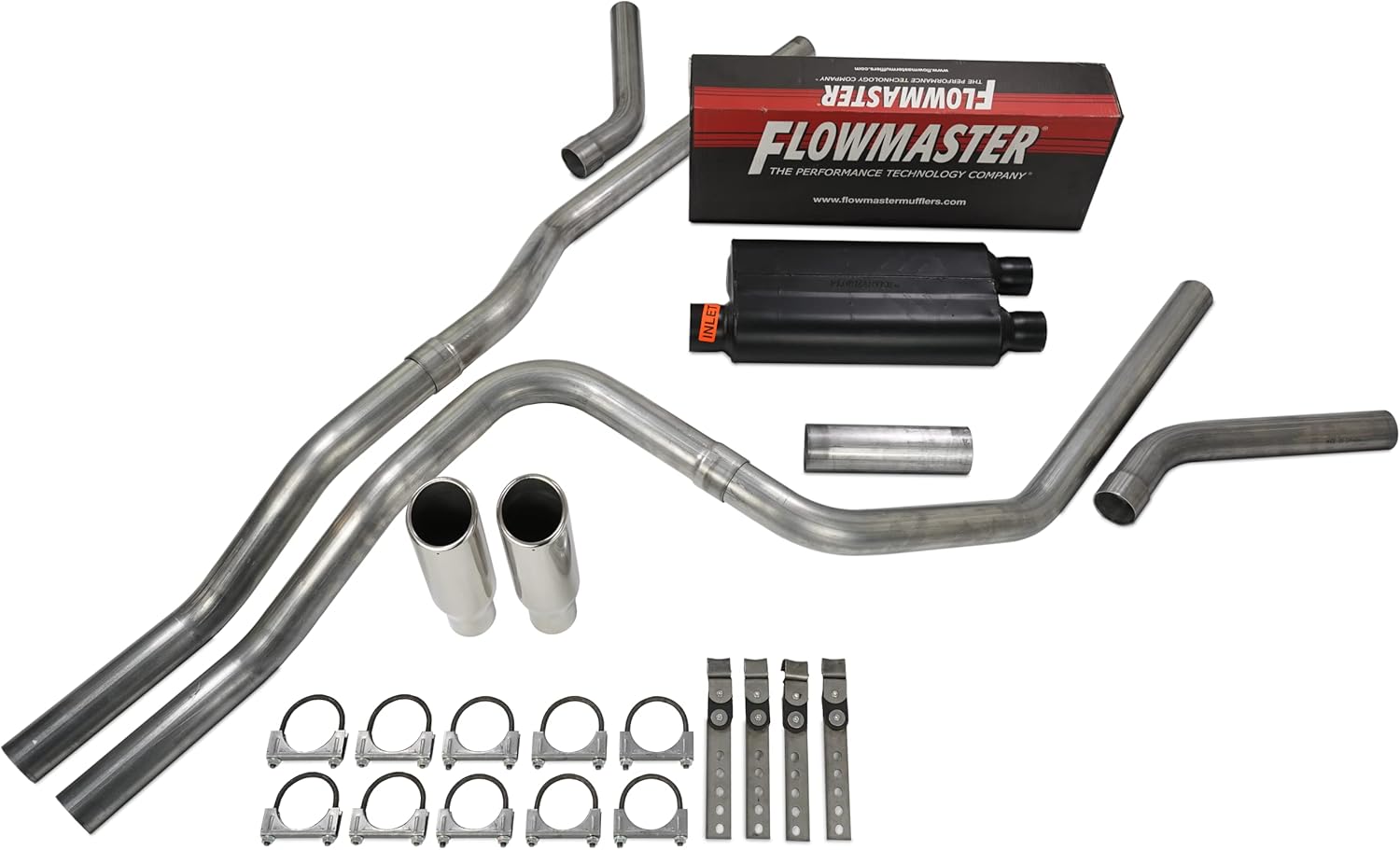 Truck Exhaust Kits- Cat-back 2.5" Dual Exhaust Kit with Flowmaster 50 Series and Corner Exit Rolled Clamp on Tips