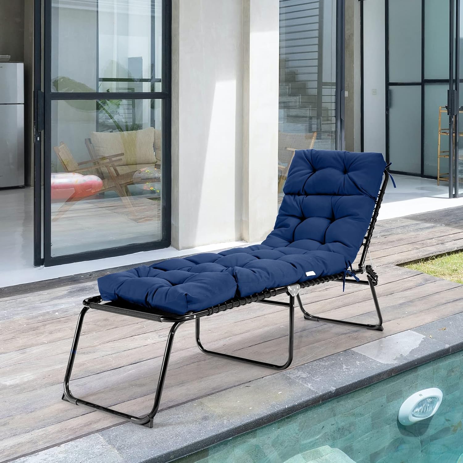 GRAFFY Patio Chaise Lounge Cushion, 72" x 22" x 4" Lounge Chair Cushion, Tufted Lounger Cushion with 4 String Ties, Thickened Oil-Proof, for Terrace, Poolside Outdoor Indoor (Navy)