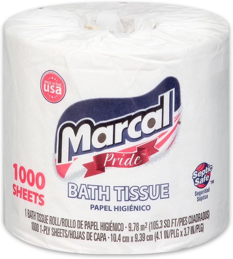 Marcal Pride Toilet Paper, White, 1000 Sheets Per Roll, 20 Rolls Per Case - Sustainable and Chlorine Free Bath Tissue 03408