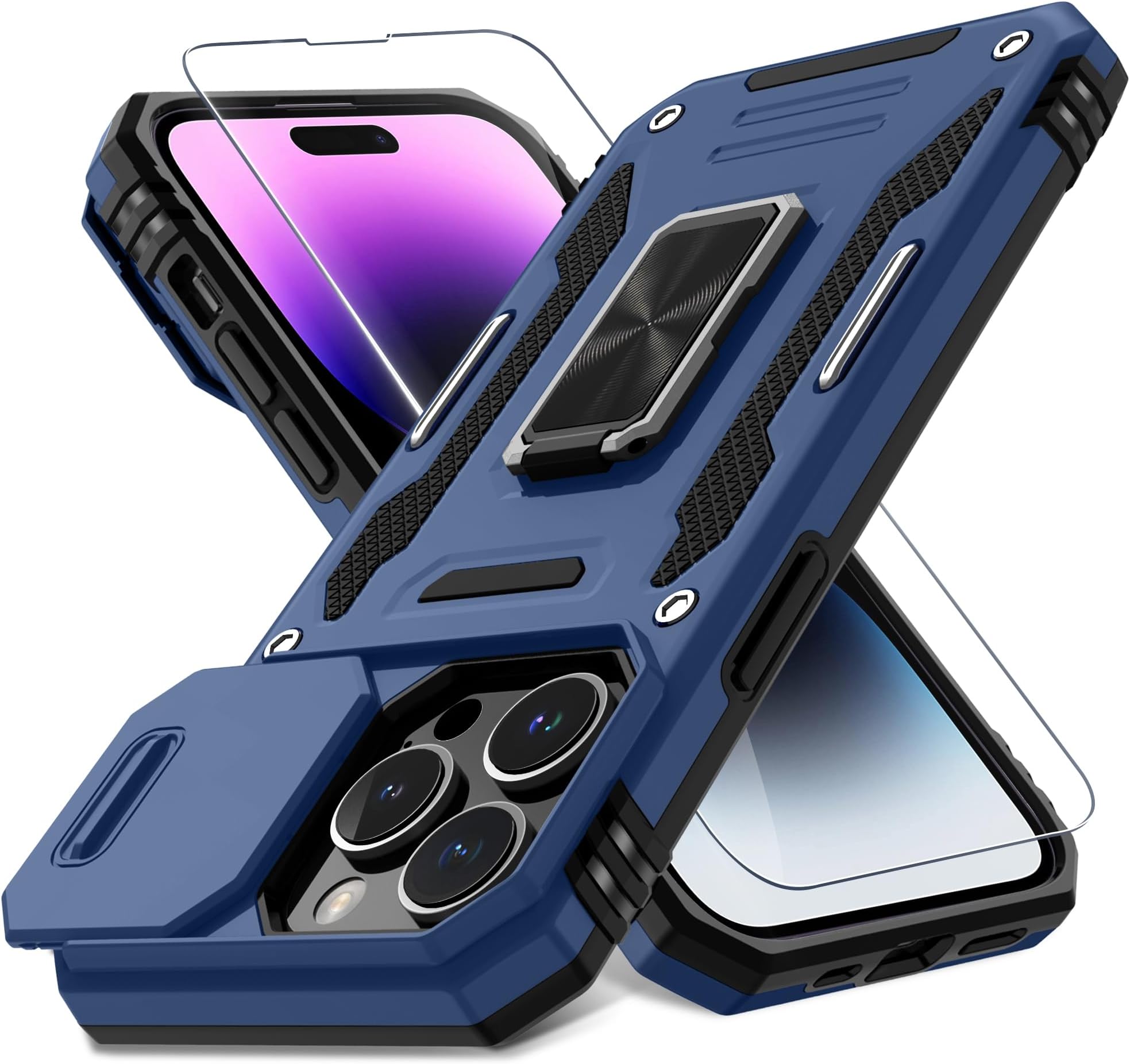 DEERLAMN Case for iPhone 14 Pro Max with Slide Camera Cover+Screen Protector(1 Pack),Rotated Ring Kickstand Military Grade Shockproof Protective Cover 6.7 Inch-Navy Blue