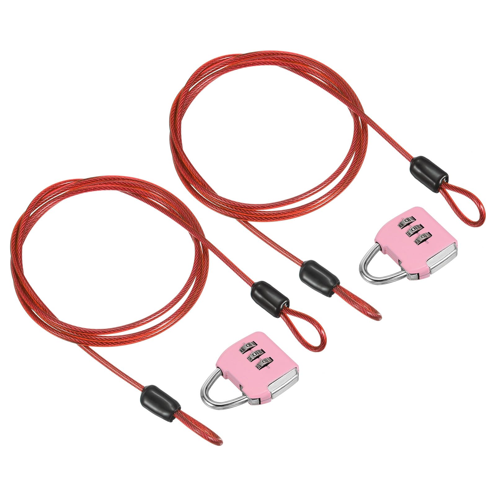 PATIKIL Security Steel Cable with 3 Digit Combination Lock, 2 Set Travel Padlock 3.3Ft Coated Safety Wire Rope Double Loop for Luggage Suitcase, Pink