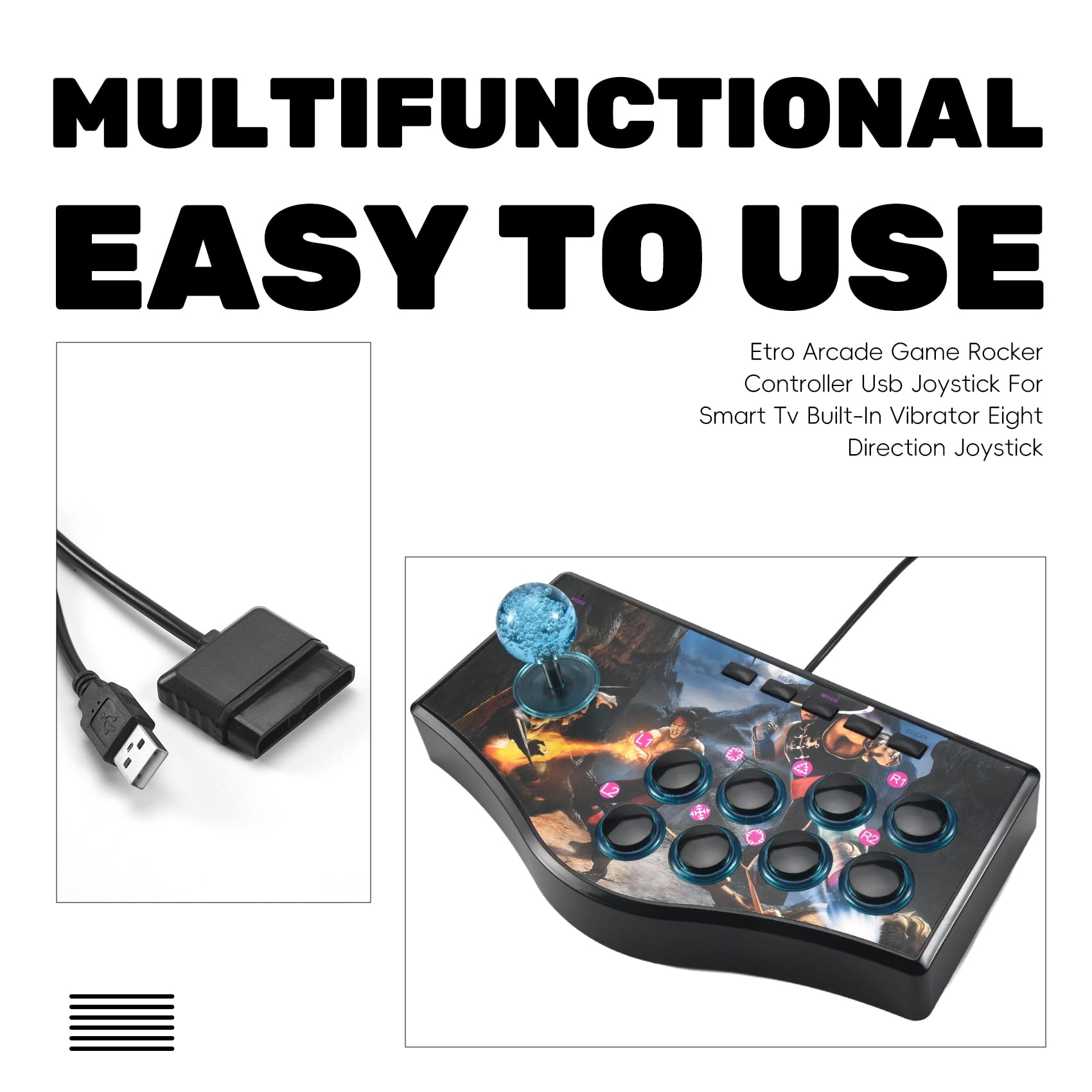 Nettoppo Rétro Joystick Usb de Manette de de Contrôleur de Bascule D' pour Ps2 / / Pc/Android Smart Tv Vibrateur Intégré Huit Direction Joystick ()