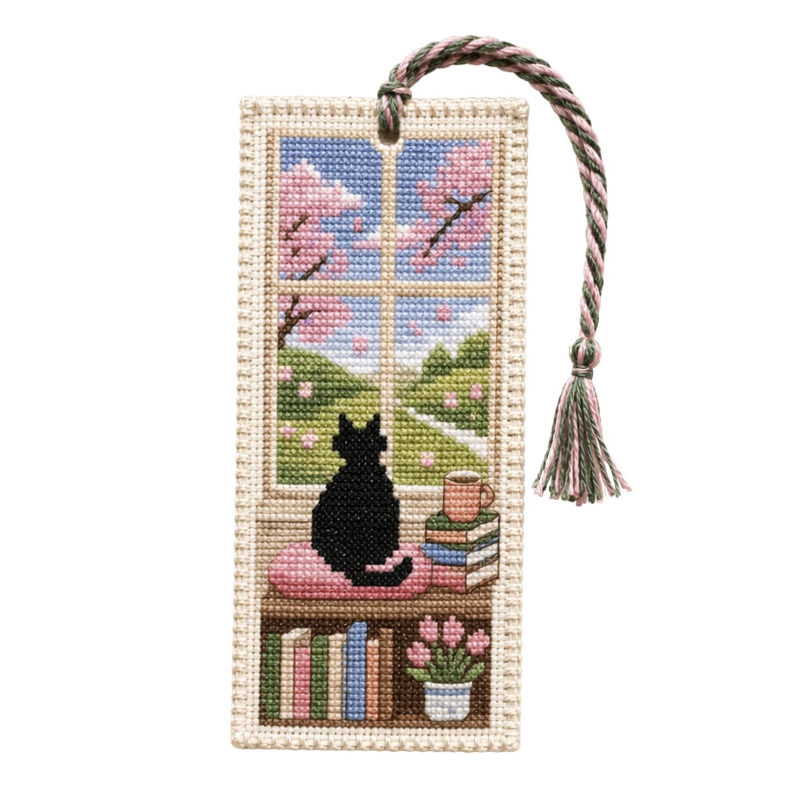 Seasonal Cat DIY Stamped Cross Stitch Bookmark Kit (Spring)
