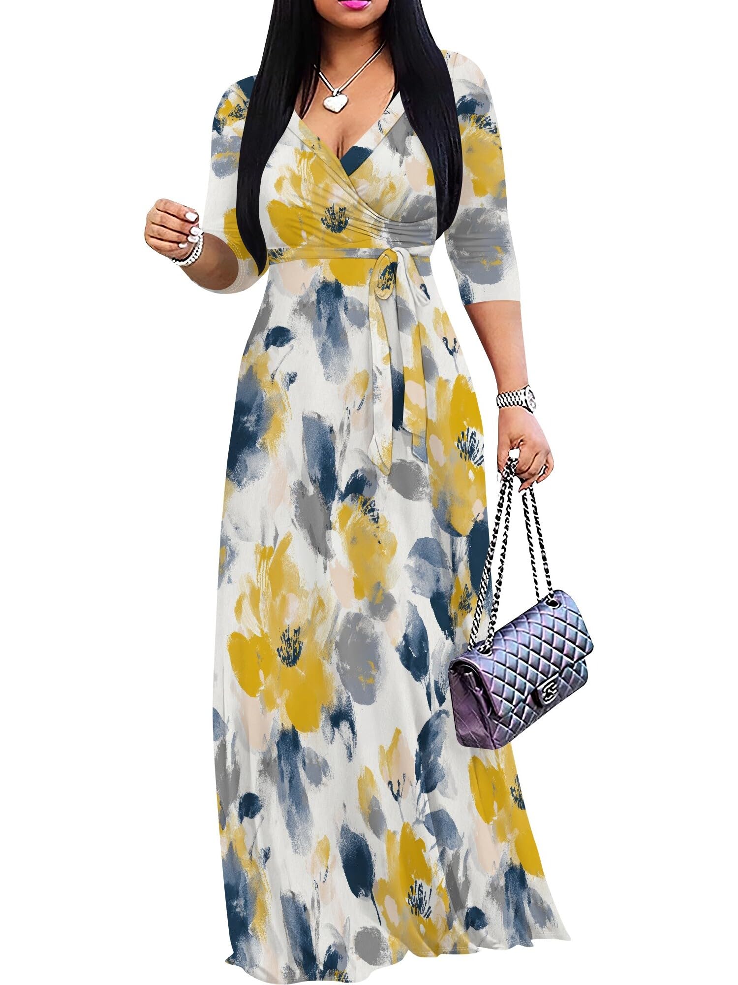 PinkPatty Plus Size Maxi Dress for Women Casual V Neck 3/4 Sleeve Boho Printed Long Dress with Pockets
