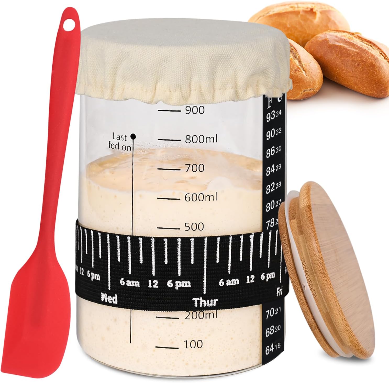 Xileanalee Pro Sourdough Starter Jar Kit- 35 Oz Large Sourdough Starter Glass Jar with Date Marked Feeding Band,Thermometer,Spatula,Cloth Cover& Lid for Sour Dough Bread Loaf
