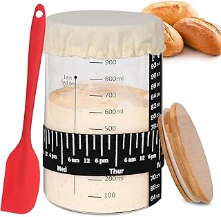 Pro Sourdough Starter Jar Kit- 35 Oz Large Sourdough Starter Glass Jar with Date Marked Feeding Band,Thermometer,Spatula,Cloth Cover& Lid for Sour Dough Bread Loaf