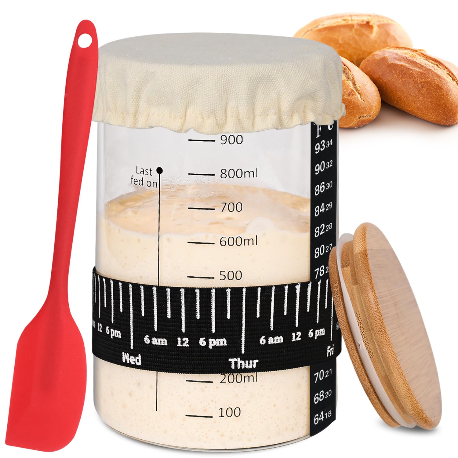 Pro Sourdough Starter Jar Kit- 35 Oz Large Sourdough Starter Glass Jar with Date Marked Feeding Band,Thermometer,Spatula,Cloth Cover& Lid for Sour Dough Bread Loaf