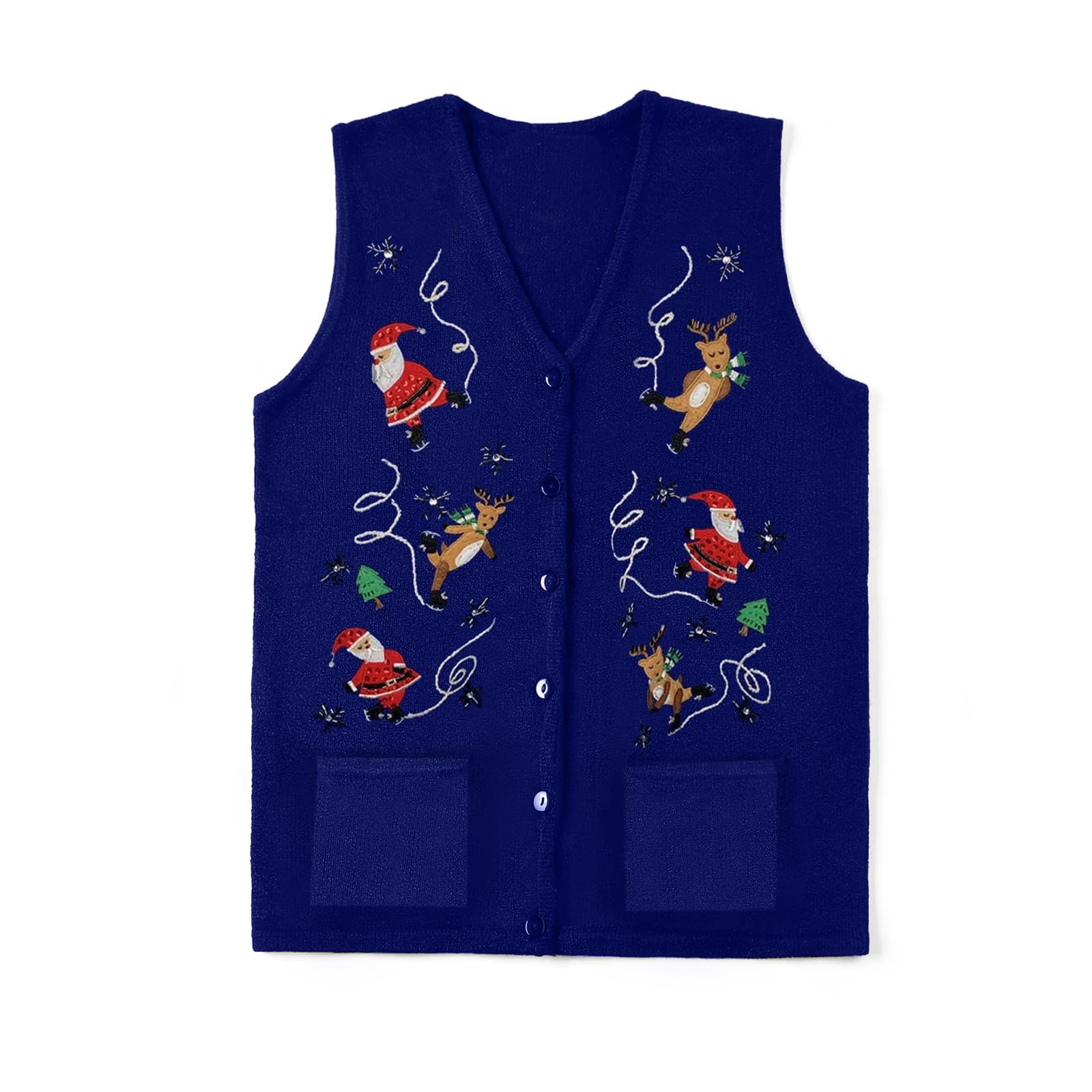 Women Christmas Sweater Vests Snowman Embroidery Sleeveless Button Cardigan Holiday Knit Tank Top Xmas Santa Claus Vest