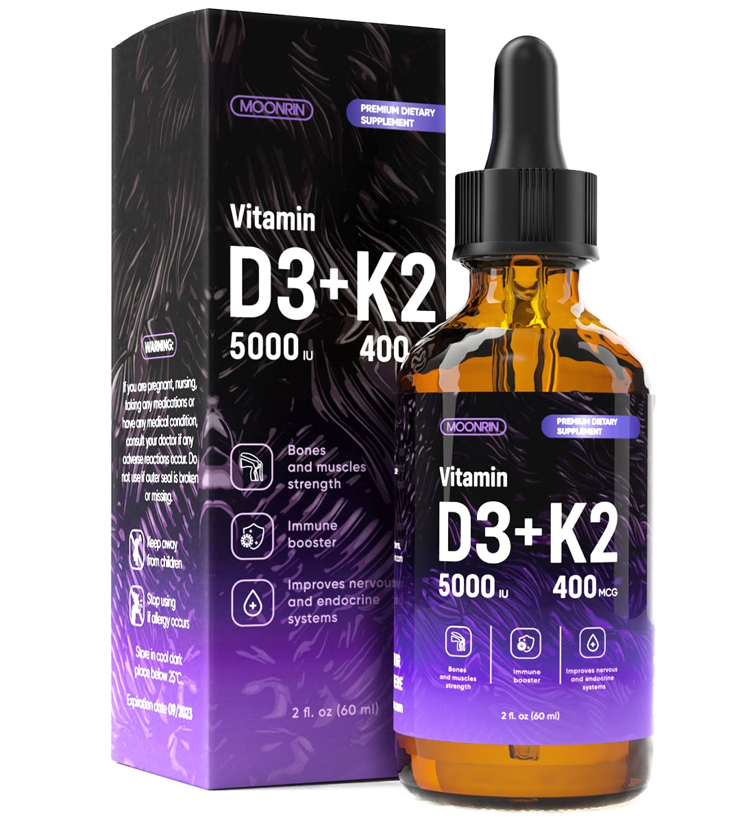 Vitamin D3 and K2 Liquid Drops – Support Stronger Bones, Healthy Heart, Immune System – 5000 IU D3 and 400mcg K2 – Omega 3...