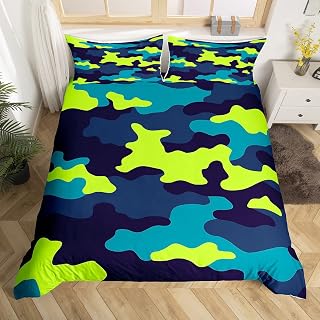 Neon Colorful Camo Duvet Cover Set Yellow Navy Blue Bedding Set Twin Size Modern Fashion Camouflage Comforter Cover for Kids Boys Youth Men Room Decor Teens All Season Quilt Cover 2pcs,1 Pillowcase
