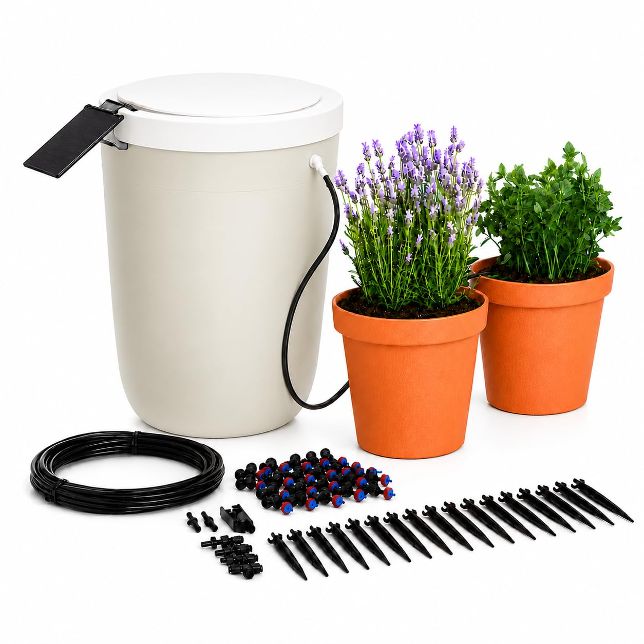 BOUM DRIP Starterpaket mit TANK – Smarte automatische Tröpfchenbewässerung für Balkon, Terrasse & Garten | Solarbetrieben | Wetteradaptive Pflanzenbewässerung | Für bis zu 20 Töpfe & Balkonkästen