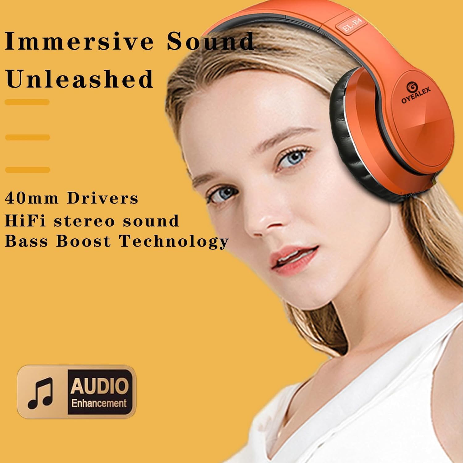 OYEALEX Active Noise Cancelling Headphones, Wireless Over Ear Bluetooth Headphones with Microphone Foldable Headphone with HiFi Audio Deep Bass for Home Travel Office Orange