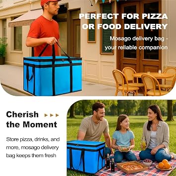 L Insulated Food Delivery Bag - Reusable Thermal Cooler Grocery Bags for Doordash Catering, Pizza Carrier, Events, Keeps Cold/Hot Food Frozen or Warmer for Travel/Shopping, Commercial (Blue, 1PK)