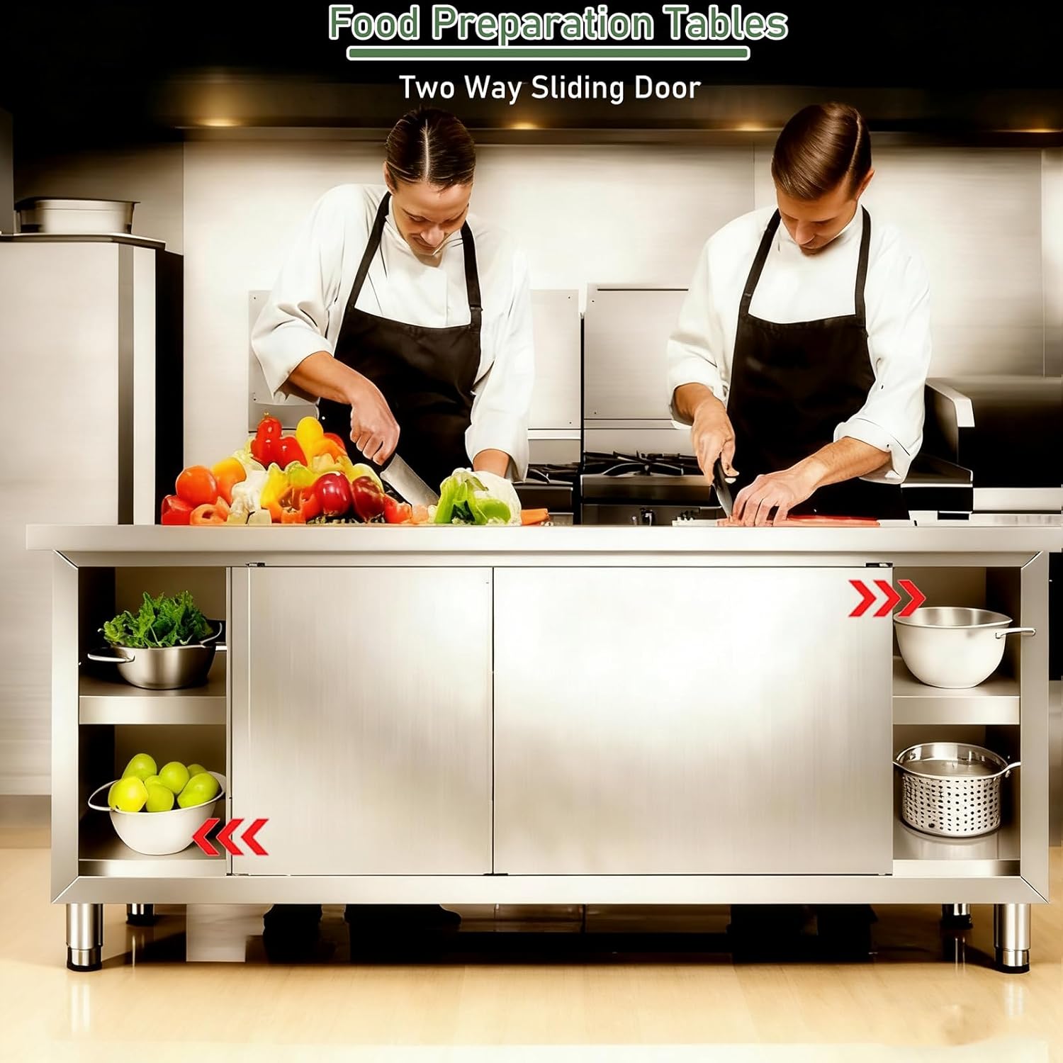 Stainless Steel Kitchen Cabinets countertop with multiple storage compartments Heavy Duty Prep Table with two sliding doors, Garage Workbench,for home kitchens (47*23in/120*60cm With metal frame)