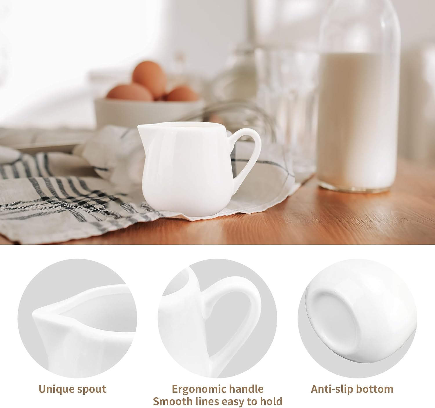6 Pack 8 oz Ceramic Creamer Pitcher with Handle, White