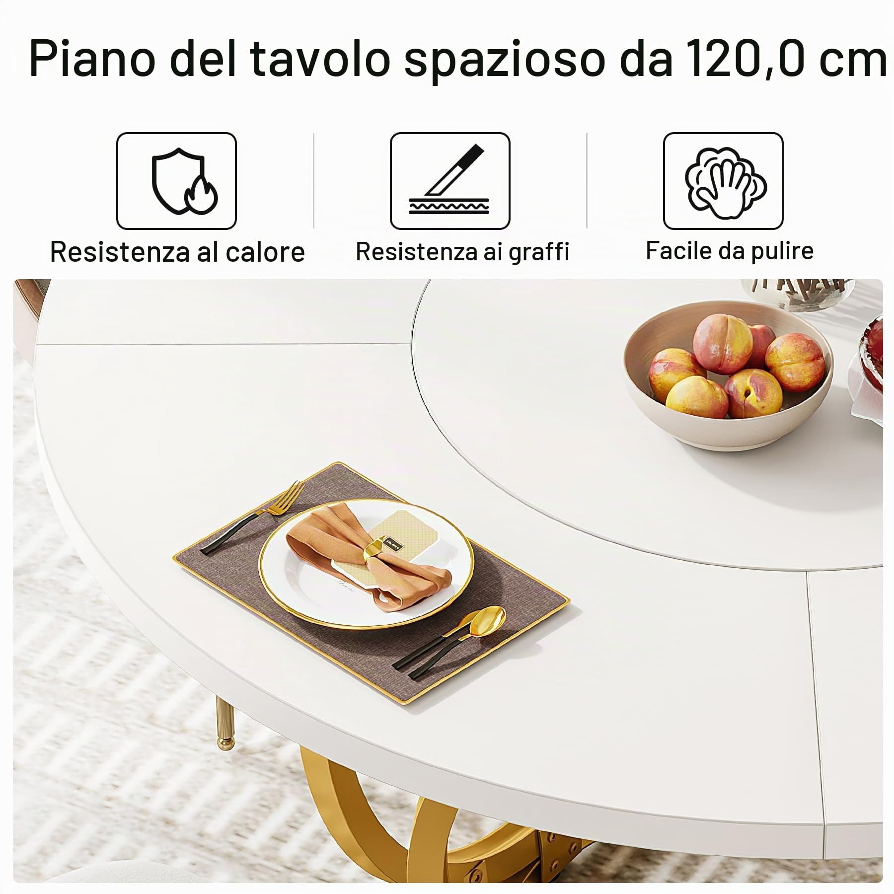 Tribesigns Tavolo da pranzo rotondo per 4, tavolo da cucina bianco con base in metallo dorato, tavolo da pranzo in legno, tavolino da caffè per cucina, sala da pranzo, bar 120 * 120 cm, bianco e oro