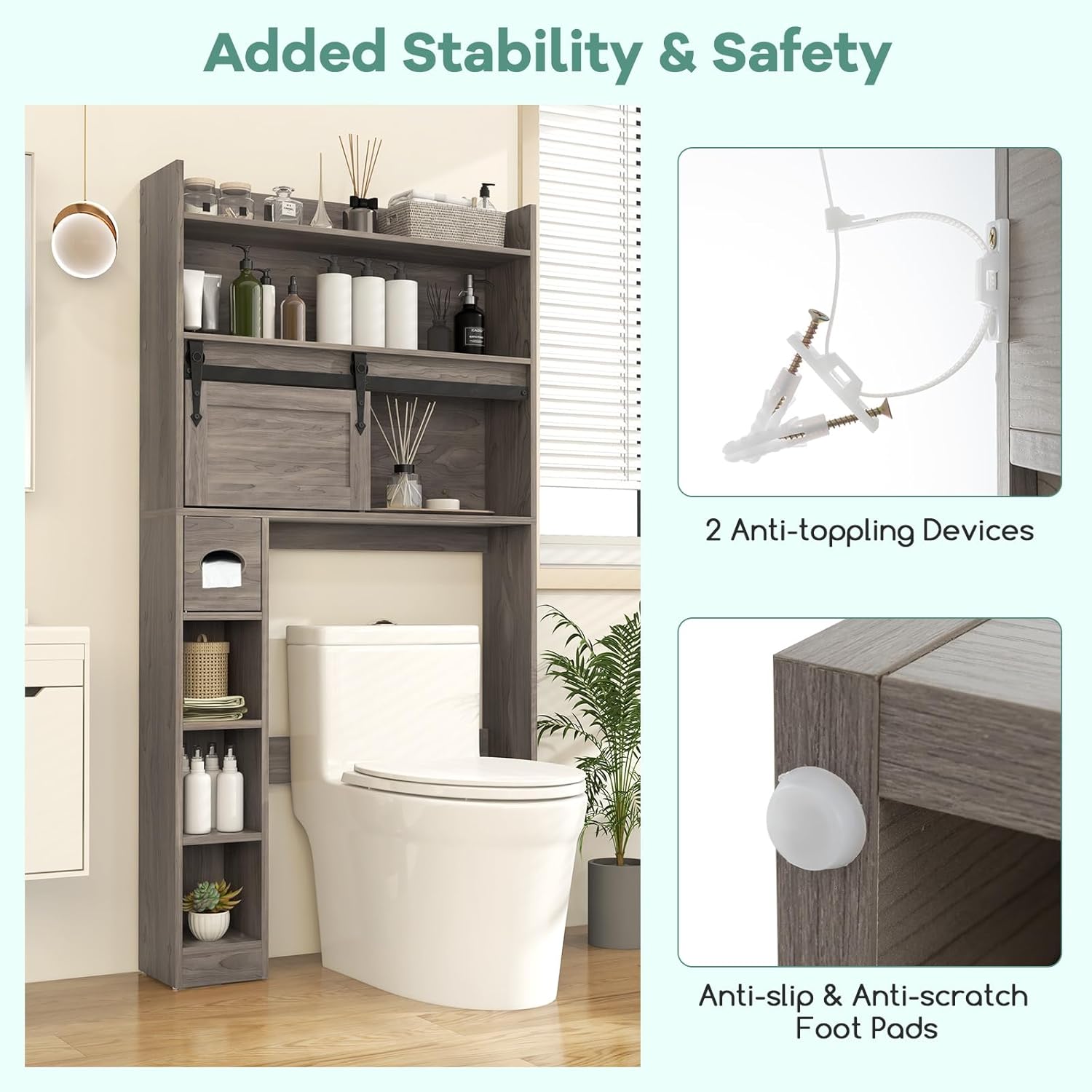 Tangkula Over The Toilet Storage Cabinet, Farmhouse Freestanding Above Toilet Rack w/Sliding Barn Door, Adjustable Shelves, Toilet Paper Holder, 2 Hooks, Bathroom Space Saver (Retro, Grey)