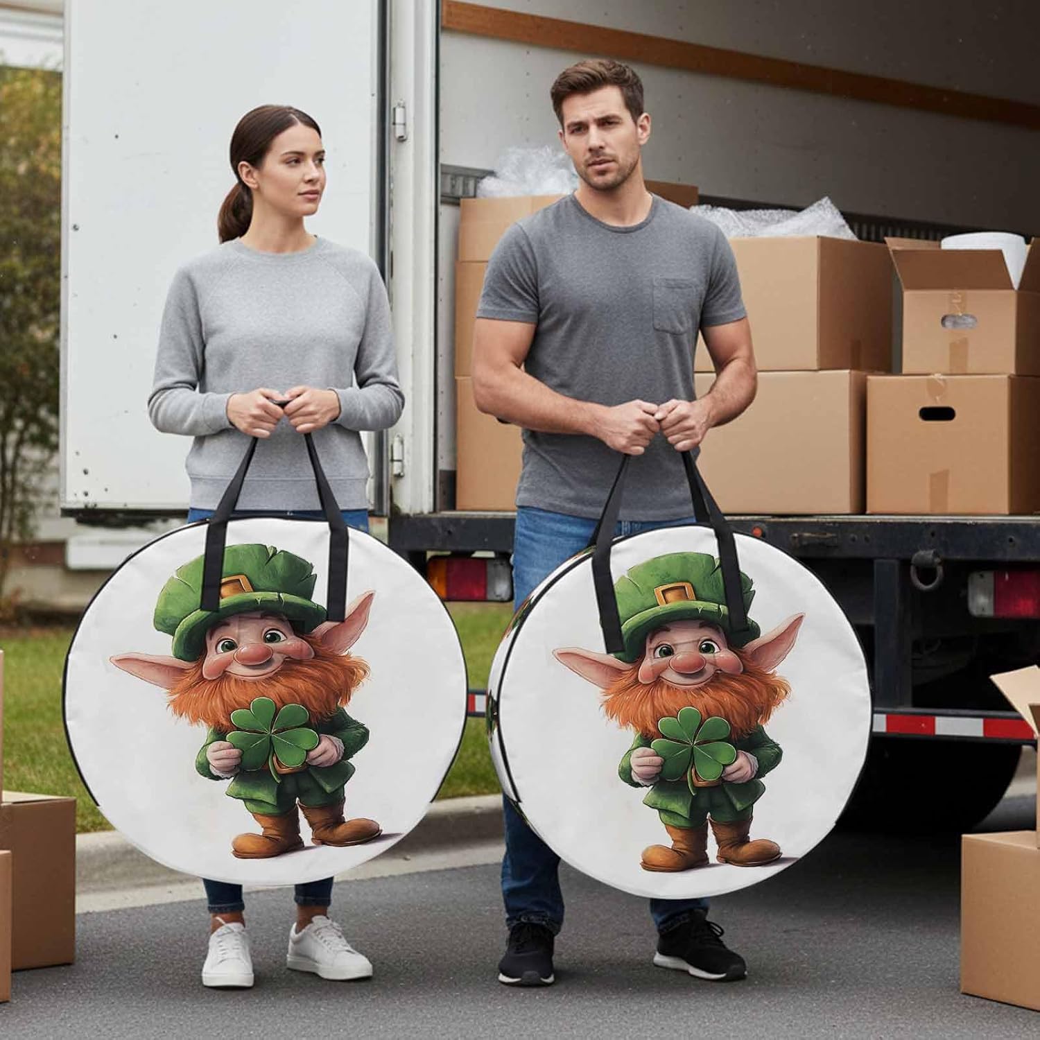 St. Patrick's Day Round Storage Bag 36 Inch, Cartoon Gnome Lucky Shamrock Clothes Storage Container with Handles Heavy Duty Organizer for Comforter, Bedding & Holiday Wreaths