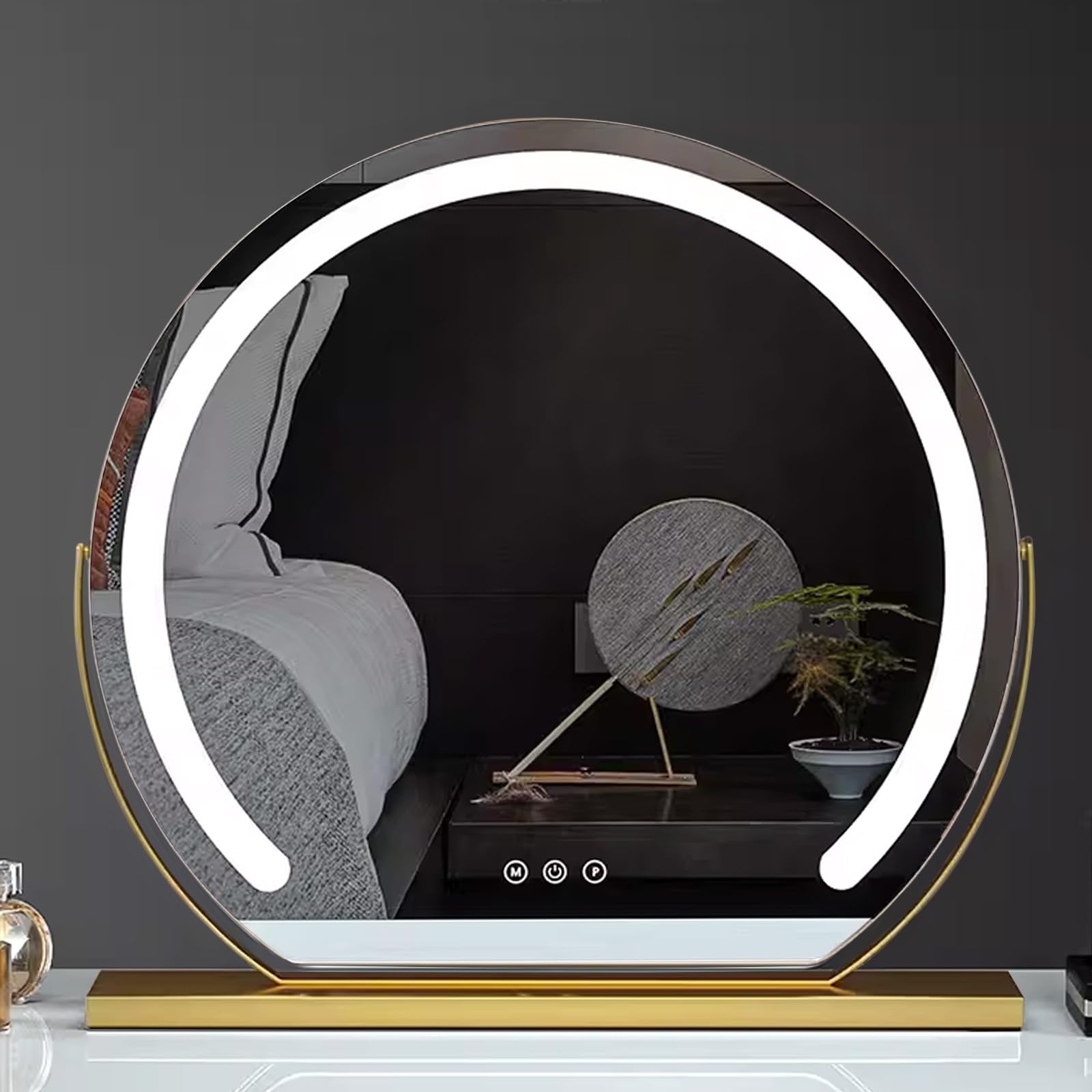 FERKAP LED Mirror With Dimmable,Illuminated Makeup Mirror Large Vanity Mirror Touch Screen Tabletop Rechargeable Light Up Mirror For Dressing Table And Bedroom (Color : gold, Size : 62cmx58cm)