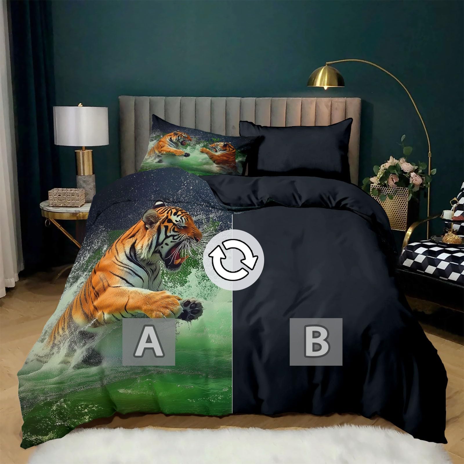 Générique Zielona poszwa na kołdrę 220x240 cm Zestaw pościeli z krajobrazem leśnym, tygrys zwierzę odwracalna wodospad poszwa na kołdrę - miękka i oddychająca antyalergiczna pościel z 2 poszewkami na
