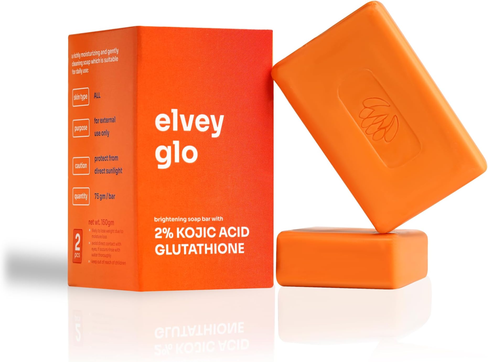 Elvey Essentials Glo Soap with 2% Kojic Acid (Pack of 2) | Glutathione & Arbutin for Skin Brightening, Tan Removal & Glow | 75 Gm/Soap