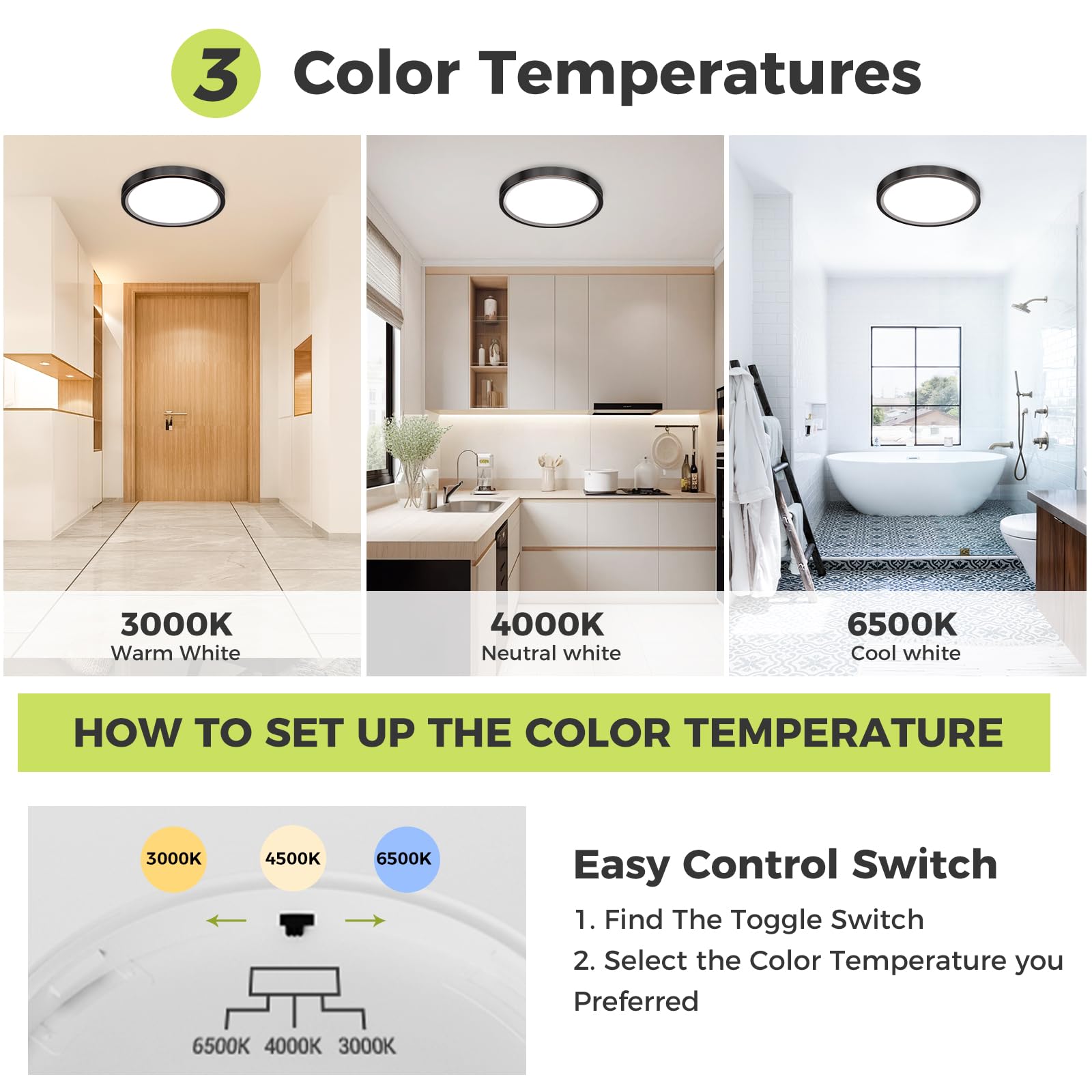 hepside LED Ceiling Light,3000K/4000K/6500K 3 Color Temperature, Waterproof IP54 LED Ceiling Lamp - Image 3