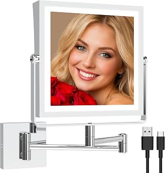 Ruacq Rechargeable Wall Mounted Makeup Mirror with Lights, Double Sided 1X/10X Magnifying Vanity Mirror with 3 Color Lighting, Touch Screen Dimmable, 360 Rotation Extension Foldable ArmChrome