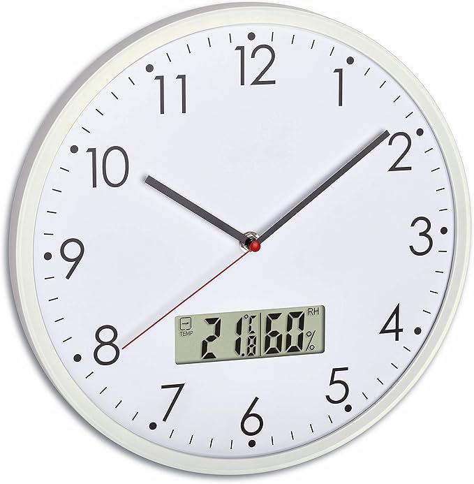 TFA Dostmann Reloj de Pared analógico con termómetro e higrómetro Digital para Control del Clima de la habitación, Cristal, Color Plateado y Blanco, 302 x 47 mm (diámetro x Altura)