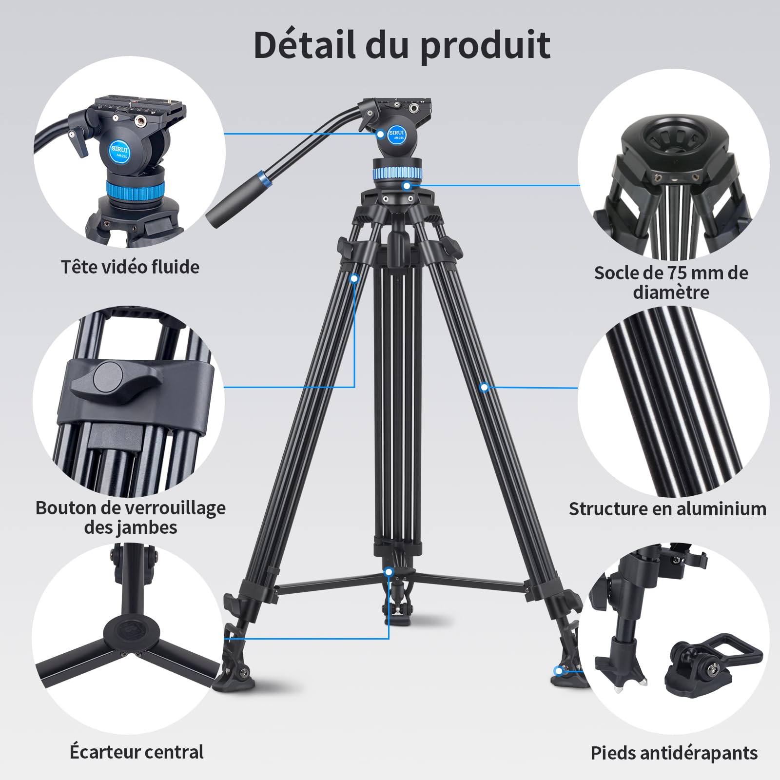 SIRUI Trépied Vidéo AM-25S, Trépied en Alliage d'Aluminium de 74.8"/190cm avec Tête Fluide Panoramique Flexible à 360°, Compact et Léger, Charge Max 22lb/10kg