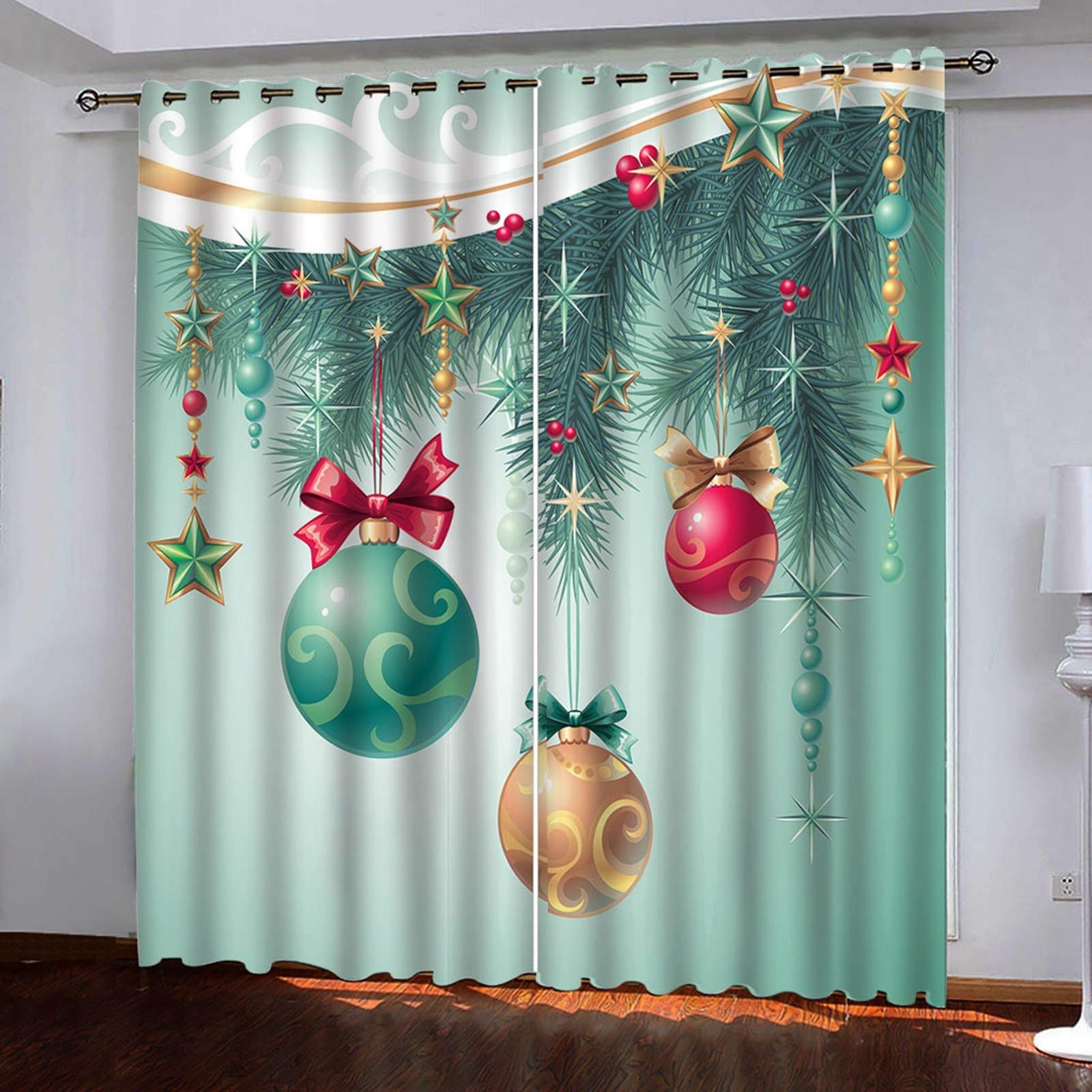 AMDXD Wohnzimmer Vorhang, Kiefer Baum Weihnachtskugel Sterne Gardinen Schlafzimmer Rot Grün Vorhänge Wohnzimmer Deko für Hotels Büros, 214x138CM (B x H)
