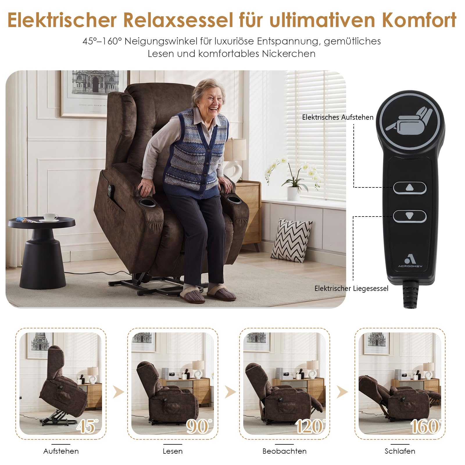 SAMERY Fernsehsessel mit Aufstehhilfe, Relaxsessel mit Liegefunktion, Fernsehsessel Elektrisch Verstellbar TV-Sessel mit Massage Heizung, USB-A, USB-C, Getränkehalter (Kastanienbraun, 1 Sessel)