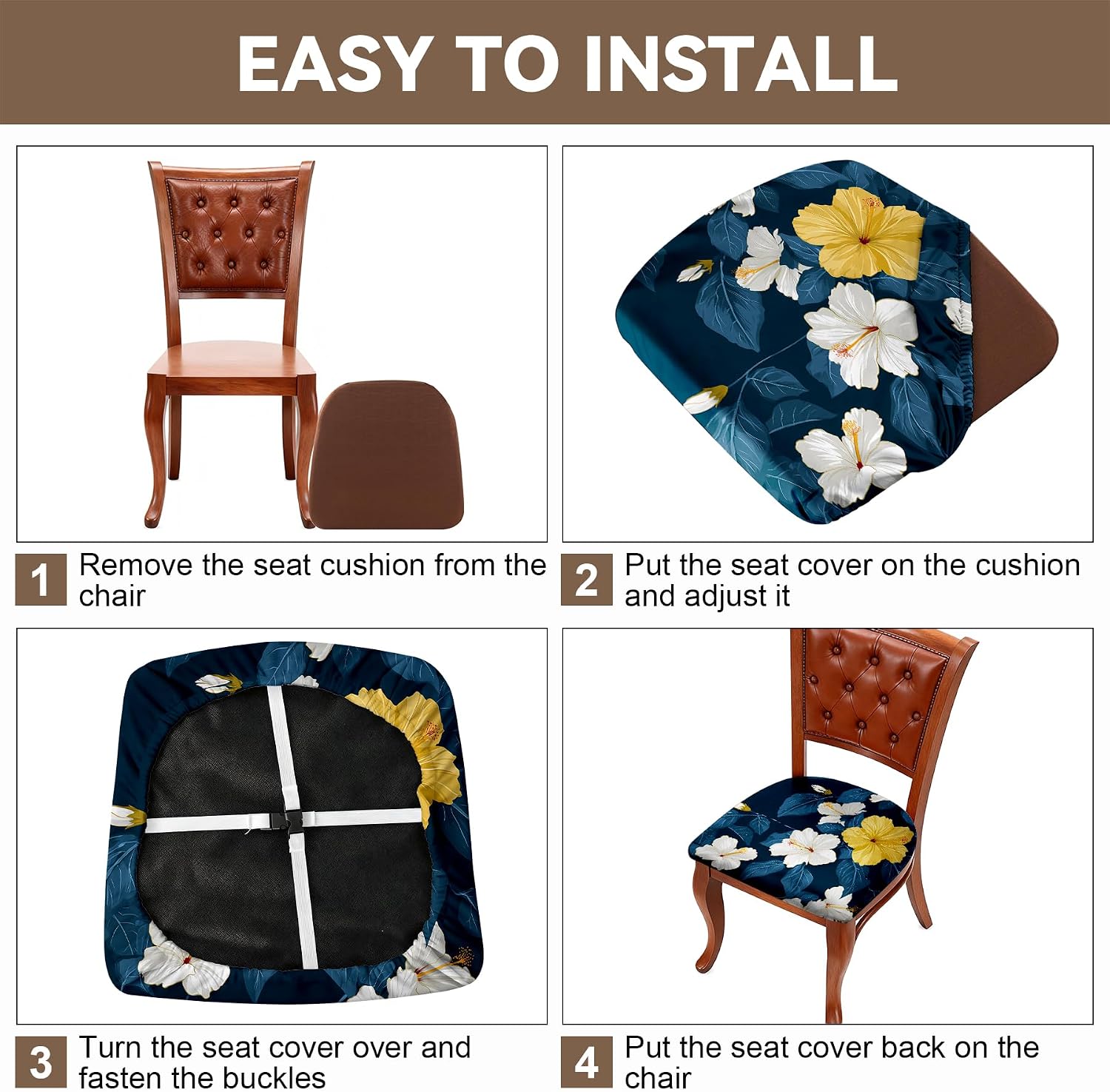 NYZE Stretch Dining Chair Seat Covers Set of 4, Removable Washable Chair Seat Protector, Soft Elastic Dining Room Seat Covers for Kitchen Chairs (Flower 9, Set of 4)