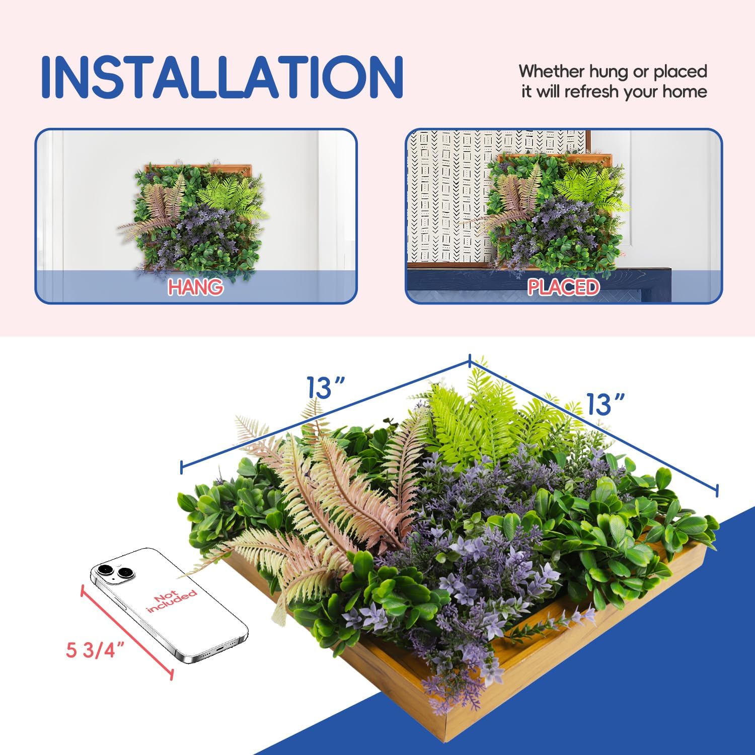 Bynbbur 1 Piece Hanging Wall Artificial Plants for Home Decor Faux 3D Greenery Plant in Wooden Frame 12 inches for Room Garden Patio Indoor Outdoor Decoration, Green with Purple