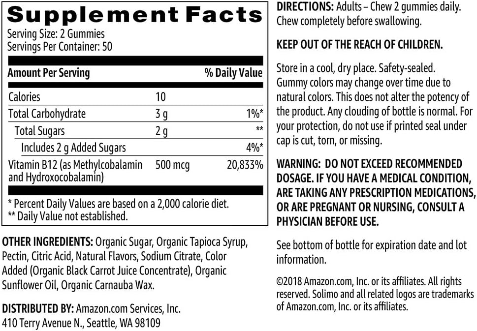  Brand - Solimo Vitamin B12 500 mcg - Normal Energy Production and Metabolism, Immune System Support - 100 Gummies (2 Gummies per Serving) : Health & Household
