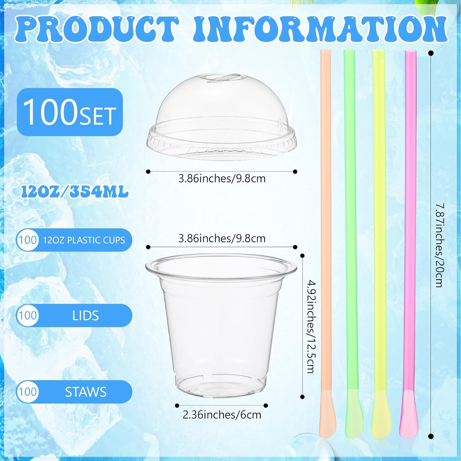 100 Sets 12 oz Clear Slushie Cups with Dome Lids and Snow Cone Spoon Straws, Disposable Smoothie Cold Drinking Cups for Party Iced Coffee Cold Drinks Juice Milkshake