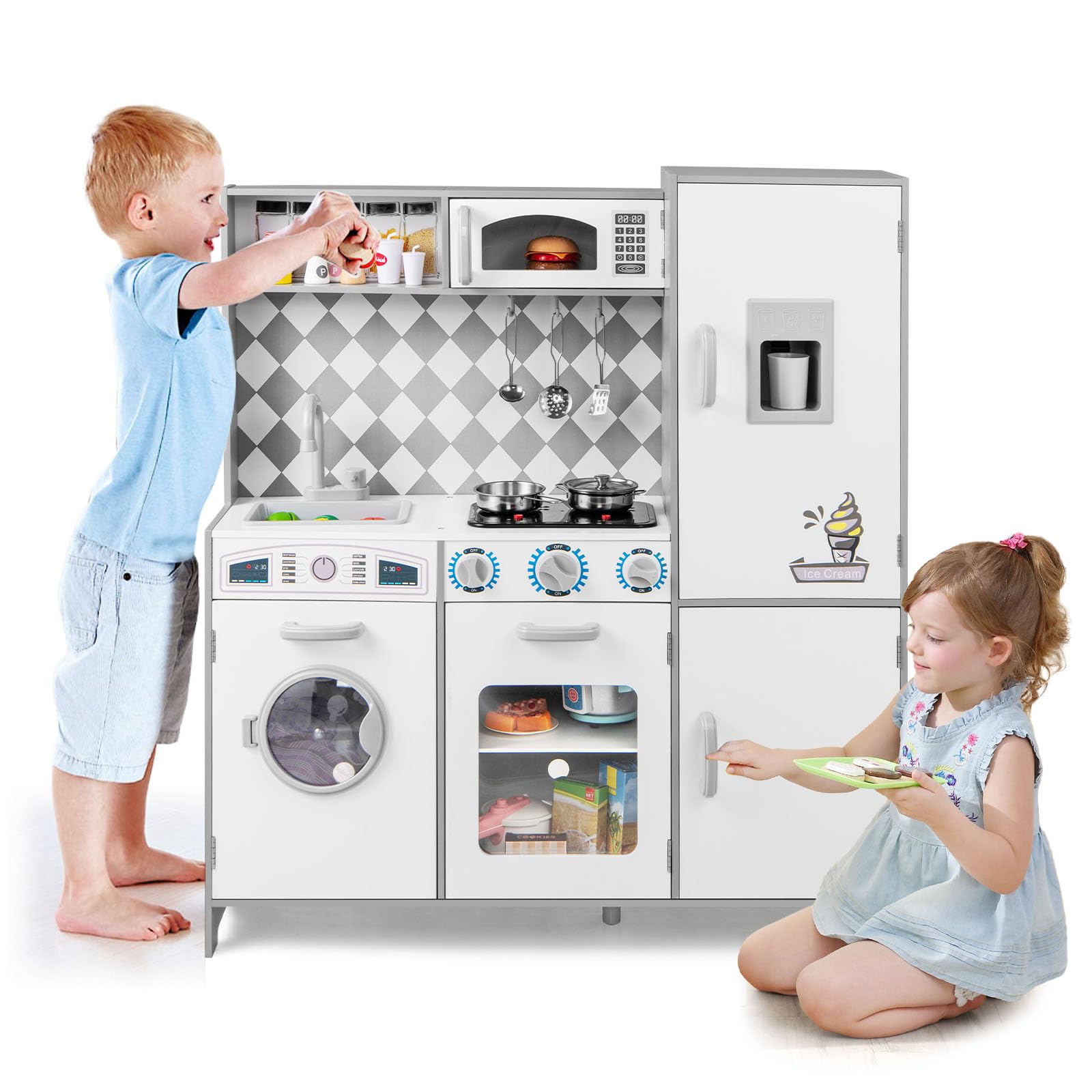 HOMASIS Spielküche mit Zubehör, Kinderküche Holz mit Herd Spüle Wasserhahn Mikrowelle Ofen Waschmaschine, Spielzeugküche mit Licht & Sound, Küchenspielzeugset für Kinder ab 3 Jahren (Weiß, Modell 1)