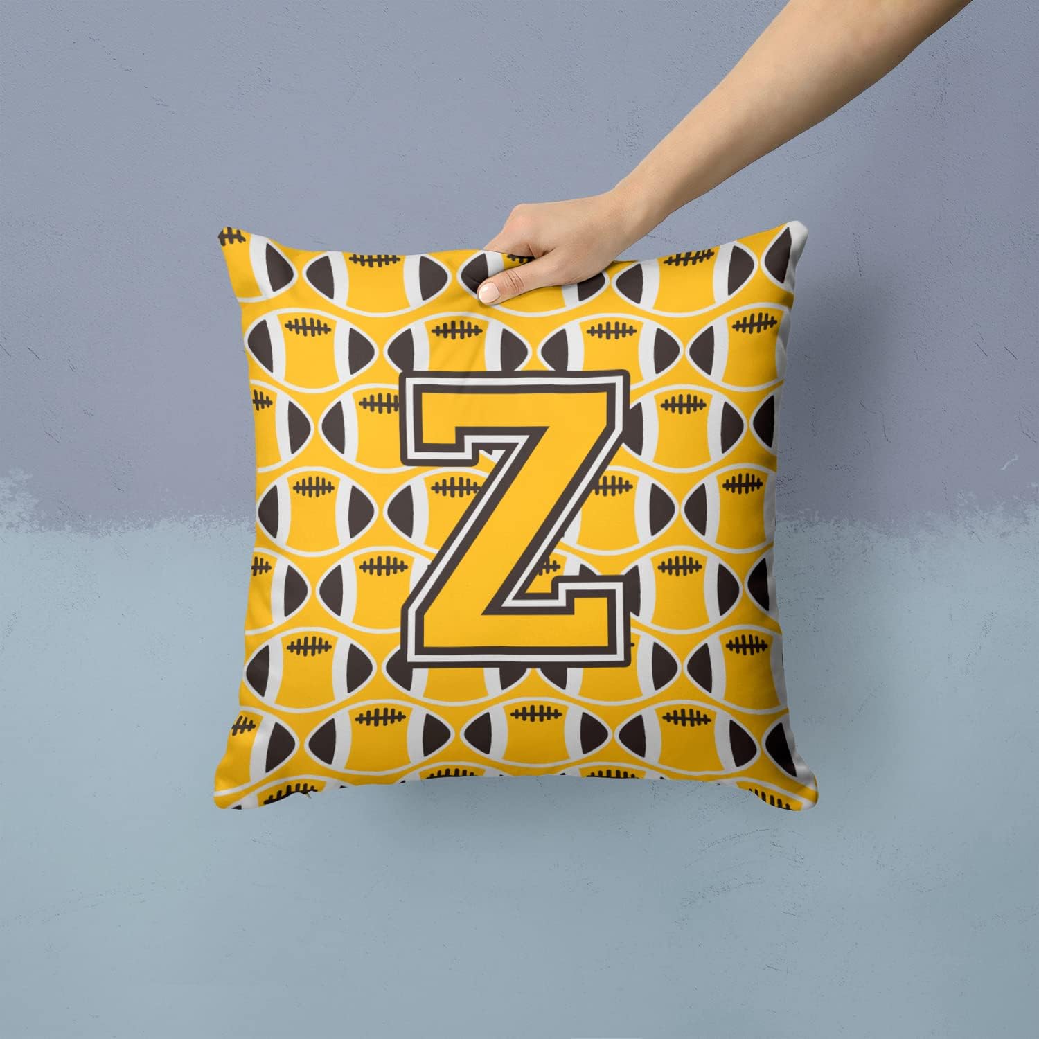 Caroline's Treasures CJ1080-ZPW1414 Letter Z Football Black, Old Gold and White Fabric Decorative Pillow 100% Machine Washable Pillow, Indoor or Outdoor Decorative Throw Pillow for Couch, Bed or Patio