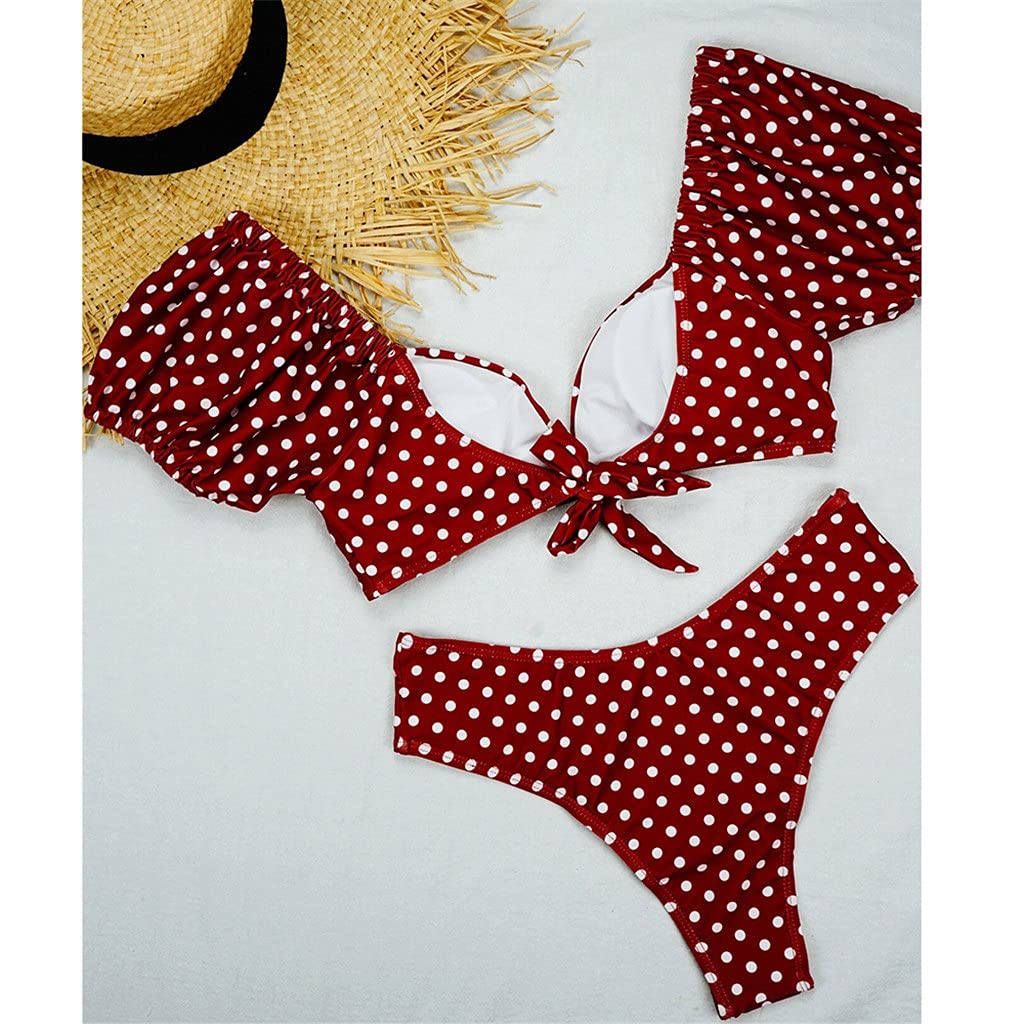 Kropkowane bikini damskie plażowe stroje kąpielowe Stroje kąpielowe Stringi Biquinis Strój kąpielowy Niski stan Dwuczęściowy czerwony dziewczęcy zestaw bikini (kolor: czerwony, rozmiar: duży kod) (czerwony mały kod)