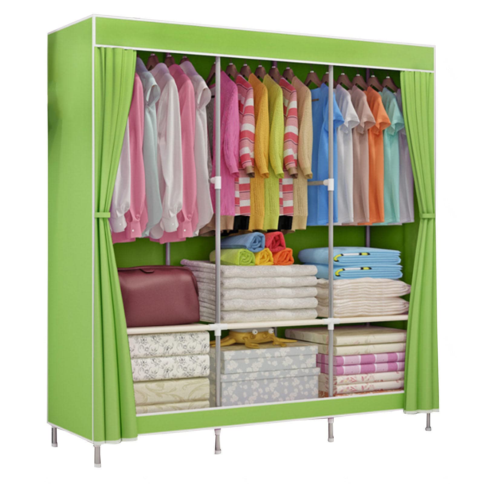 Armadio Portatile in Tela,Armadi in Tessuto con Asta Appendiabiti,Rivestimento in Tessuto,Armadio Organizzatore per Vestiti,Scarpe,Green-129x45x167cm