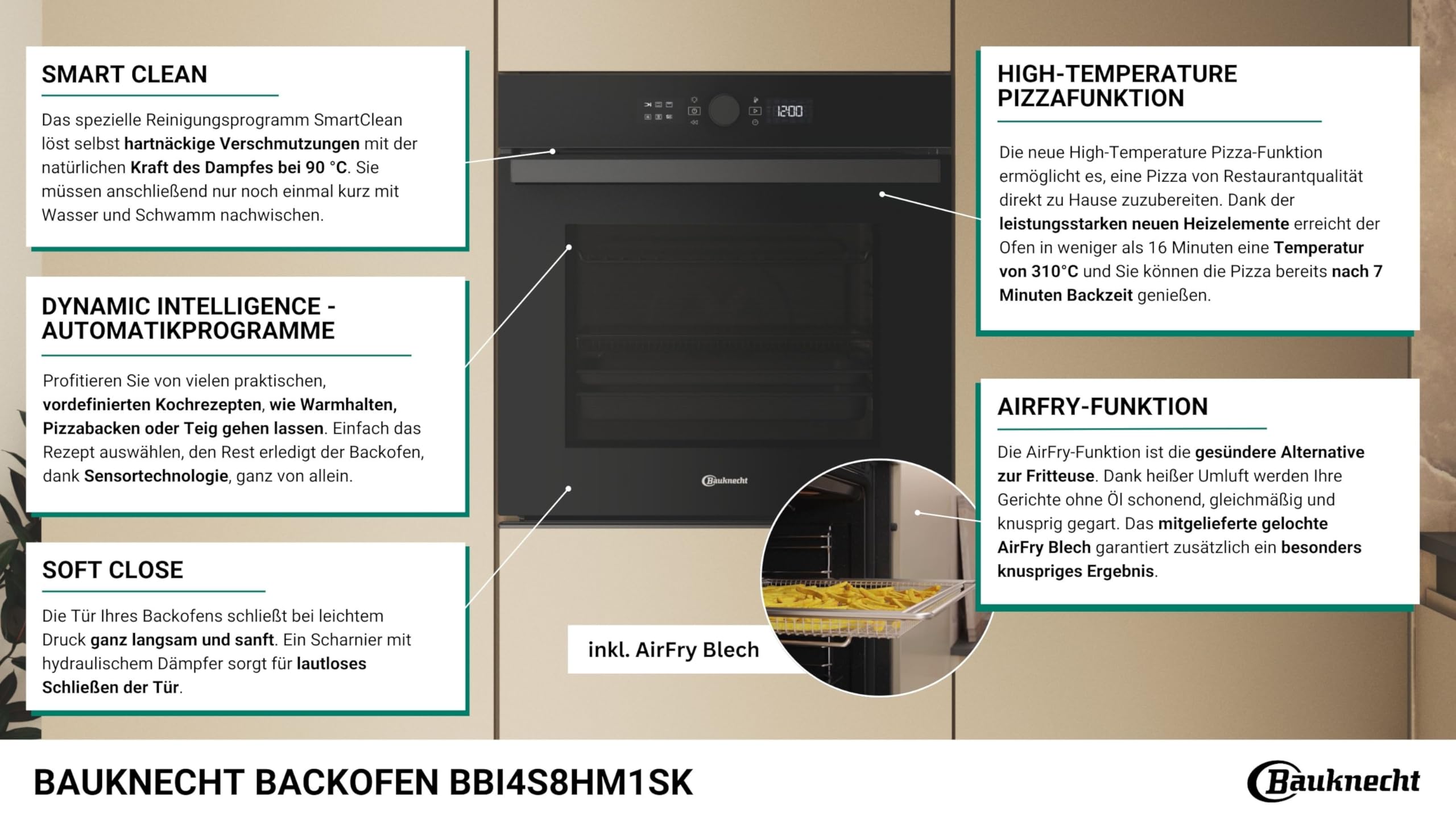 Bauknecht BBI4S8HM1SK Einbau-Backofen 60 cm 73 l Heißluftbackofen AirFry PowerHeißluft 310 °C Pizzafunktion Schwarzglas