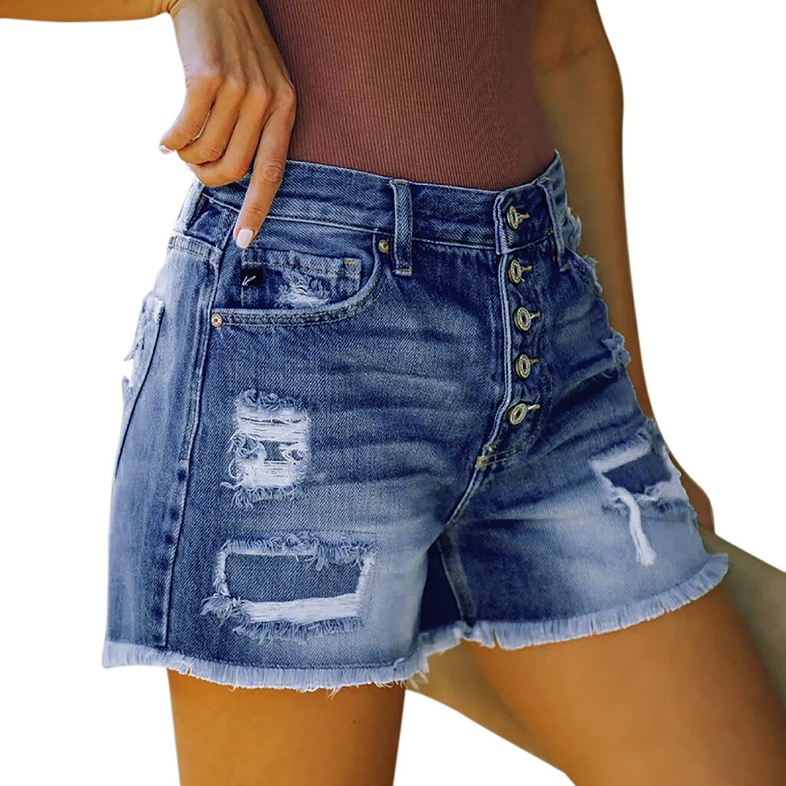 JSUMING Women's Casual Stretchy Denim Shorts Mid Rise Ripped Patchwork Raw Hem Jean Shorts