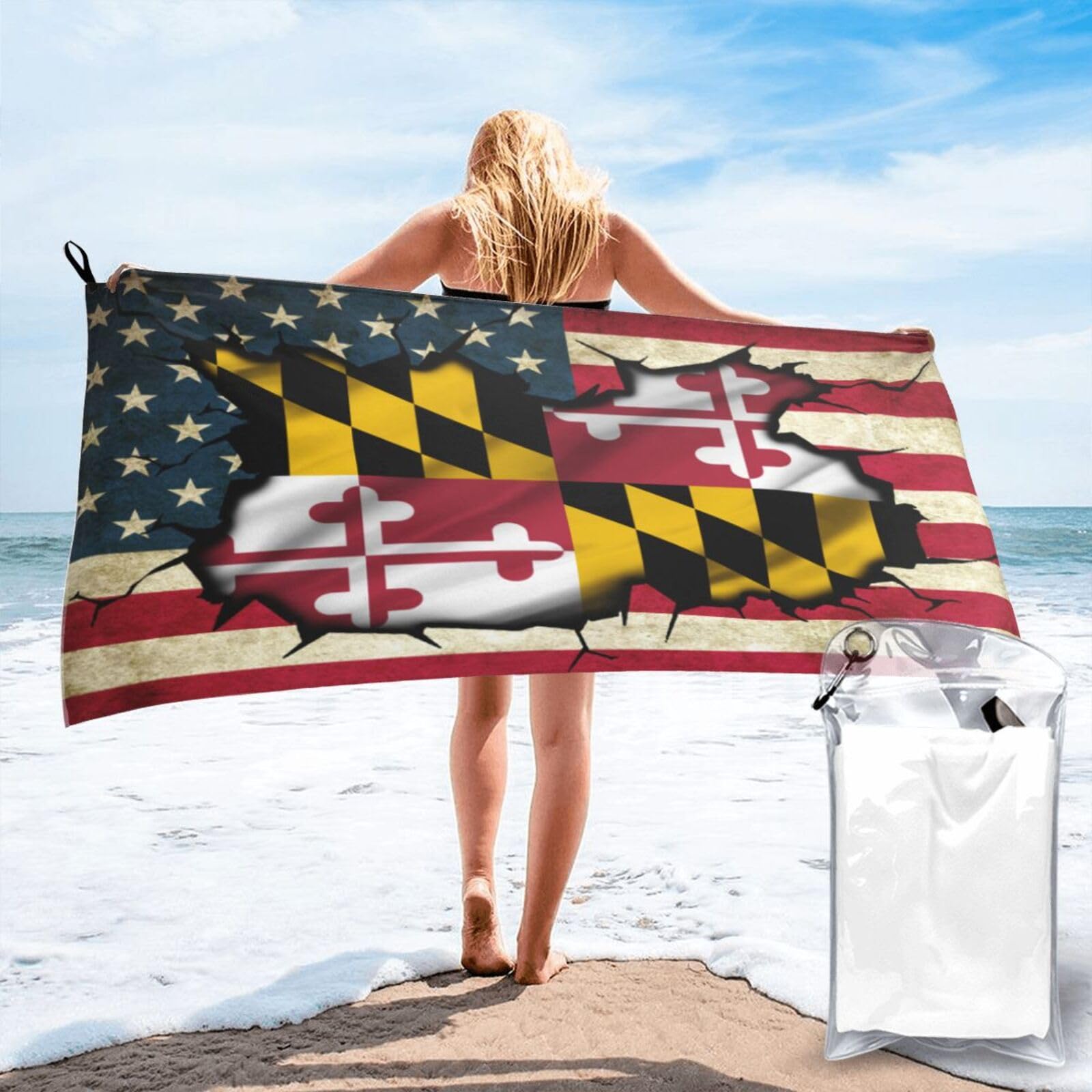 HACXZ Vintage America Flag and Maryland Flag Absorbent Beach Towel Microfiber Beach Towel Lightweight 27.5"X55"