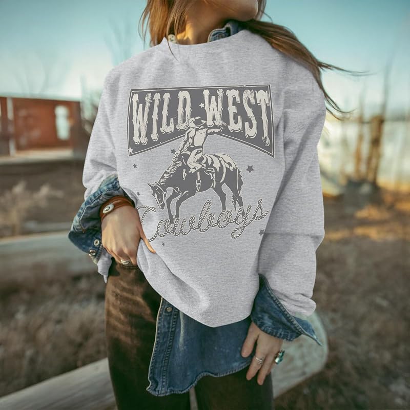 Kelxjia Western Sweatshirts For Women Oversized Cowgirl Pullover Graphic Country Sweatshirt Vintage Rodeo Long Sleeve Shirts(Light Gray,L) image 3