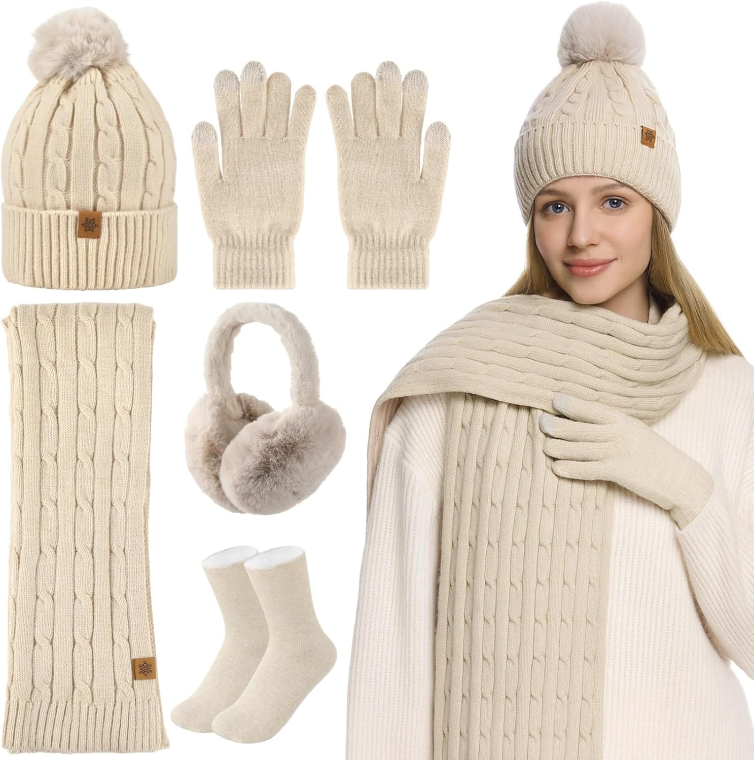 5-Piece Women'S Winter Warm Accessories Set, Knit Beanie, Scarf, Touchscreen Gloves, Ear Muffs, Warm Socks