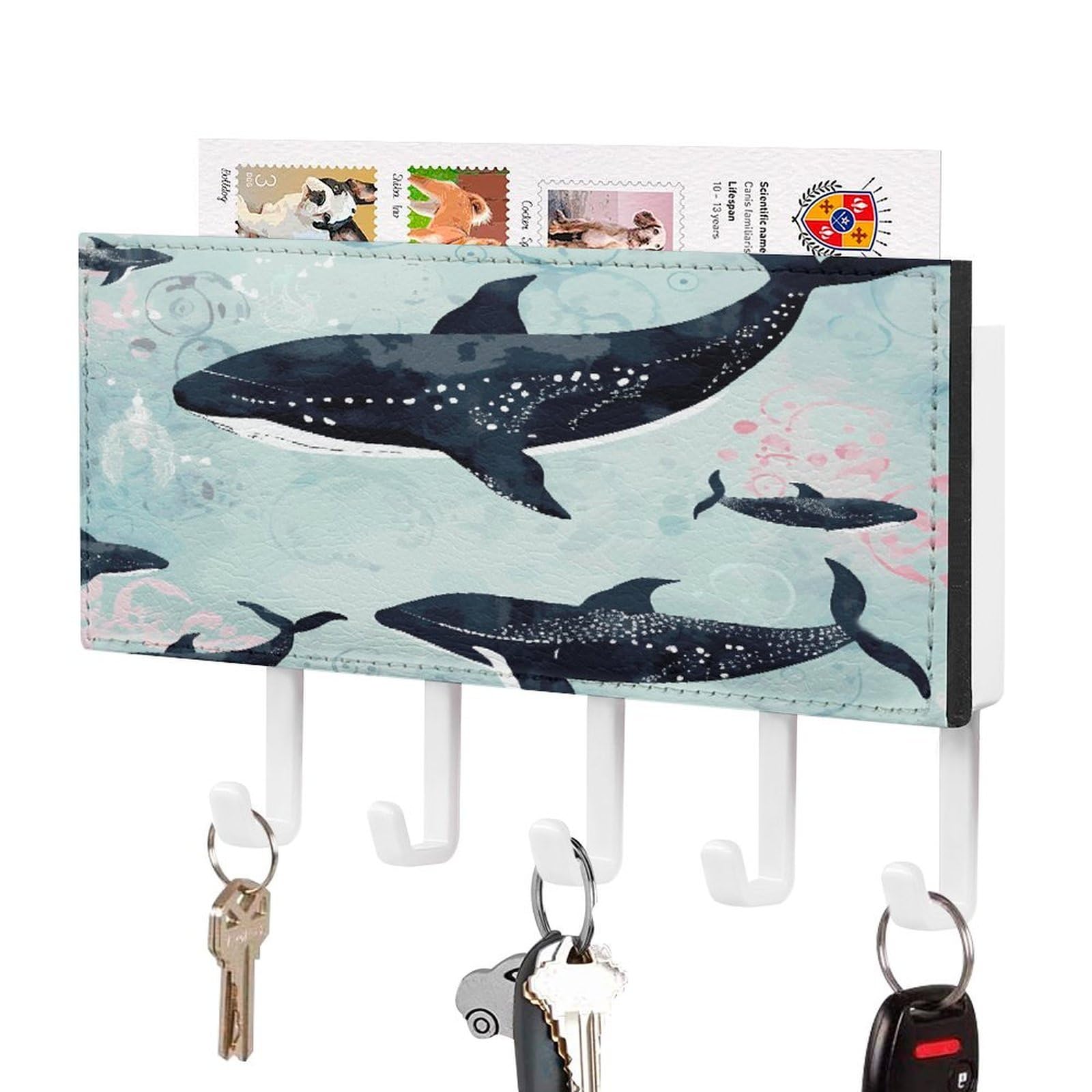 LDGSUPH Whale Key Holder Wall Mount Key Hanger with 5 Hooks Fashion Key Organizer Rack Hanging Key Hooks with Mail Organizer Key Rack for Home Entryway Hallway White-Style