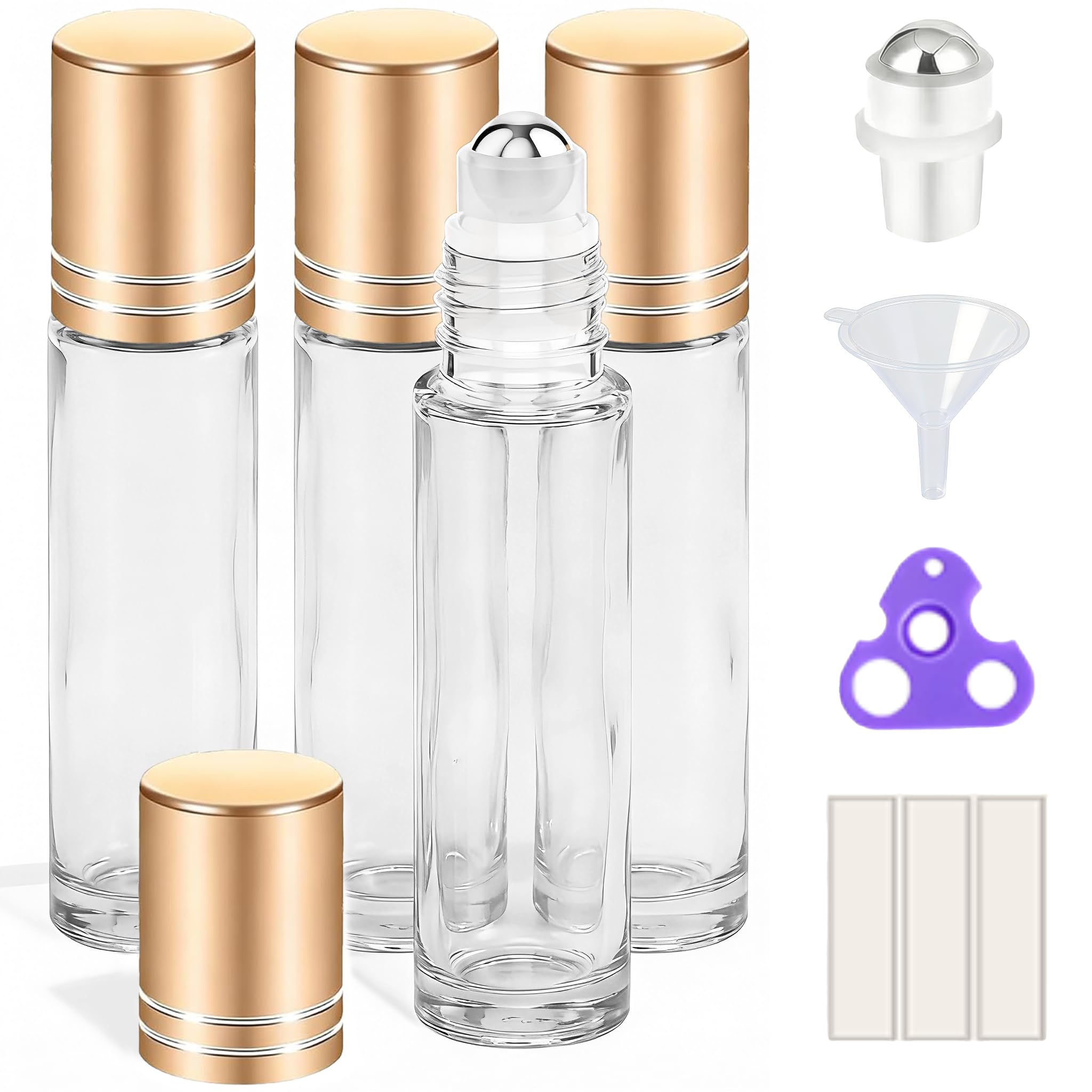PrettyCare 4 Pack, 10 ml Essential Oil Roller Bottles with Stainless Steel Roller Ball - Refillable Leak-proof Empty Thick Clear Glass Roll on Bottles with Metal Caps for Travel, Perfume