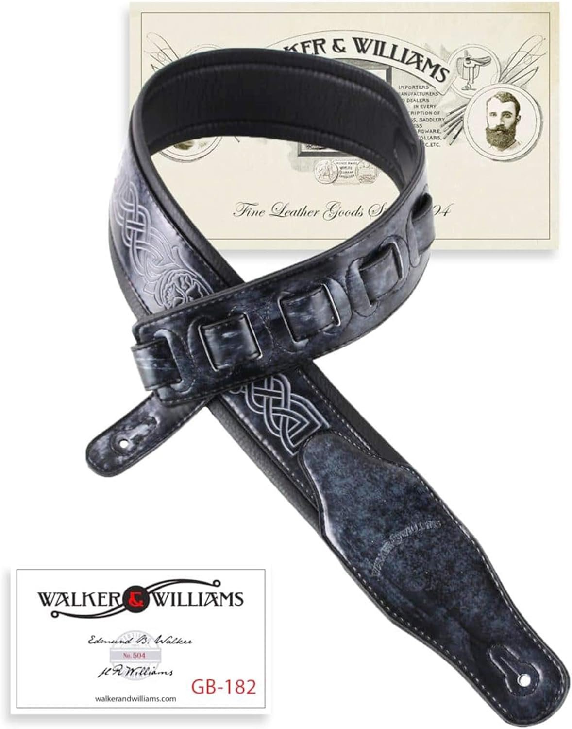 Walker & Williams GB-182 Handmade Cobalt Black Brushed Padded Guitar Strap With Celtic Braid Design For Acoustic, Electric, And Bass Guitars